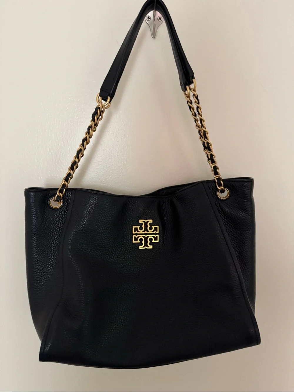 Tory Burch Black Leather Tote with Gold Chain Handles